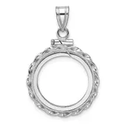 14K White Gold Wideband Distinguished Coin Jewelry Polished Wide Twisted Wire 16.5mm X 1.35mm Screw Top Bezel Pendant