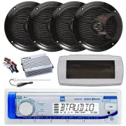 Dual Bluetooth Marine Radio,Cover, Antenna,Amp w/Kit, 4x 6.5" 150W Black Speaker
