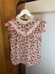Top Shop Women's Flutter Sleeve Blouse Fringe Detail Trim Floral Sz 2 NWT