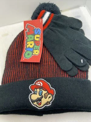 Nintendo Super Mario Stocking Cap Toddler Hat Pair of Gloves Black Red New