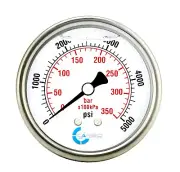 2" Pressure Gauge, Stainless Steel Case, Liquid Filled, Back Mnt, 5000 Psi