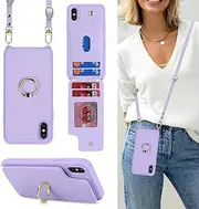 Lipvina for iPhone Xs Max Case with Card Holder and Strap for Women,Crossbody Lanyard,Kickstand Ring Stand,Snap Clasp,Phone Wallet Cases 6.5 inch(Purple)