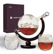 Kemstood Whiskey Decanter Set - Etched World Globe Antique ship inside