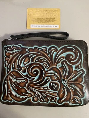 PATRICIA NASH~CASSINI~Leather Wristlet Turquoise TOOLED ~Style P87113~REAR FIND