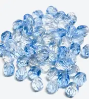 50 Light Blue / Clear Faceted Firepolished Glass Round Beads 6MM