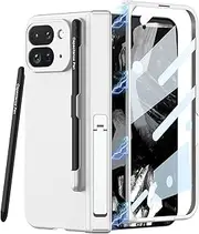 Magnetic Hinge Phone Case for Google Pixel 9 Pro Fold, Folding Shellfor Pixel Fold2 with Capacitive Pen, Protective Cover with Tempered Glass Film (Silver, for Pixel 9 Pro Fold)