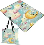 Camp Blanket Sandproof Outdoor Party Travel Picnic Blanket for Baby Spring Gifts Cartoon Blue Moon Cloud Stars 60x80in