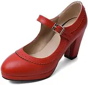[HOTRA] Mary Jane Oxford Pumps Round Toe Pierced Mid Heel Oxfords Dress Shoes Retro Platform Rockabilly Shoe with Ankle Strap (Color : Red, Size : 3)