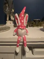New 13" Pink And White Polka Dot Plush Easter Gnome Bunny With Weighted Bottom
