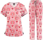 Meichoon Scrubs Set for Women Medical Uniform Set V-Neck Cartoon Print Short Sleeve Top with Pockets and Adjustable Loose Pants Lightweight Breathable