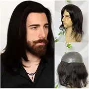 Mens Wig Hair 12" Toupee for Men 0.06-0.08mm Thin Skin PU Men's Hairpiece Long Human Hair Replacement System Mens Toupee