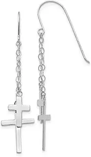 [JewelryWeb] 14k White Gold Polished Shepherd hook Chain Dangle Religious Faith Cross Shepard-Hook Earrings 56x12mm Wide-Dangle Earring for Women and Men