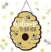Pinkunn Welcome to Our Hive Bee Wall Plaque Honey Bee Hanging Welcome Signs Wooden Honeycomb Decor Farmhouse Hive Decor for Home Wall Front Door Porch Garden Shop Indoor Outdoor Decoration