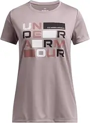 [Under Armour] Girls' Tech Block Logo Short Sleeve T Shirt, (015) Tetra Gray / / Halo Gray, Large