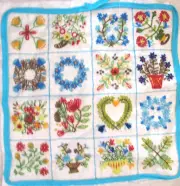 * Finished 14" pillow top CREWEL EMBROIDERY Floral sentiments AVON 1974 TOP ONLY
