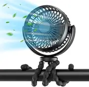 SlowTon Portable Baby Stroller Fan, 3 Speeds and 360° Rotatable Handheld Clip-on Fan with Flexible Tripod, 5200mAh Rechargeable Battery Operated Mini Crib Fan for Stroller, Travel, Office, Camping