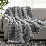[TARODEA] Faux Fur Throw Blanket for Couch, Fuzzy Soft Plush Thick Bubble Blanket for Sofa Bedroom Living Room (Grey, 180x200 cm)