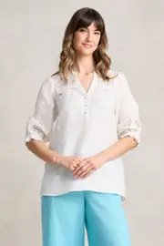 Lace Embroidered Linen Top - White