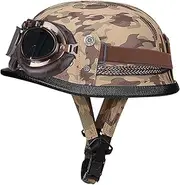 Leather Motorcycle Half Helmet with Goggles Retro Jet Helmet with Removable Liner Motorcycle Helmet for Adult Men Women DOT/ECE Approved Vintage Helmet