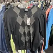 Ahead Authentics Mens Black Golf Sweater V-Neck Argyle Grey Silver New NWT Wool