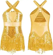 [Fldy] Kids Girls Cha-Cha/Rumba/Latin Dance Costume Sparkly Sequins Tassel Leotard Bodysuit Dancewear