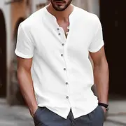 Men's Shirt Linen Shirt Band Collar Shirt Summer Shirt Beach Wear Button Up Shirt Plain Vacation Casual Black White Blue Khaki Short Sleeve Band Collar Summer