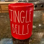 Rae Dunn JINGLE BELLS Candle Ceramic Red Evergreen Mistletoe Christmas Holiday