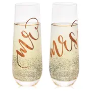 'Mr and Mrs' Champagne Toasting Flutes for Bride and Groom, Stemless, Rose Gold