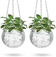 2 Pcs Disco Ball Planters, 6 Inch Mirror Ball Flower Pots, with Chain and Wooden Stand, Hanging Mirror Ball Flower Pots for Indoor Outdoor Plants (15cm)