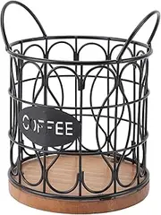 Coffee Pod Basket Decorative Round Wire Coffee Capsule Holder with Wooden Base Accessory for Cafe Kitchen (Black)