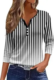 [Valtorixia] 3/4 Length Sleeve Women Henley V Neck Tops Casual Length Button Down Shirt Floral Print Blouses Plus Size Trendy Comfy Tees (color-b-34,Medium)