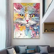Hand-Painted Whimsical Cat Oil Painting - Vibrant Textured Portrait with Sapphire Animal oil paintings Boho Wall Art oil paintings for Living Room bedroom wa