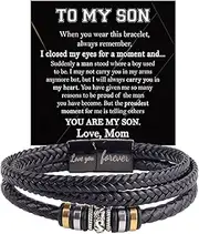 [DIOWUS] To My Son Bracelet, Son Gifts From Mom And Dad, Engraved Love You Forever Black Braided Leather Infinity Knot Inspirational Bracelets Birthday Gift Jewelry