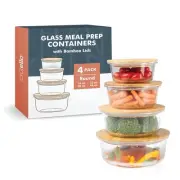 Glass Meal Prep Containers with Bamboo Lids, 4 Pack - Airtight Clear Food Sto...