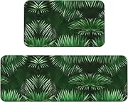 Green Leaves of Palm Tree Tropical Plants Print Kitchen Floor Mat 2 Sets Non-Slip Rugs for Kitchen Laundry Office and Home Decor