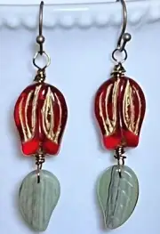 Bronze with Red Flower Dangle Earrings. Bloom. Tulip. Green Glass Leaf