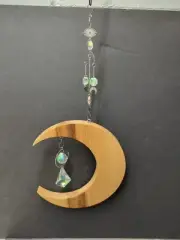 Crystal Suncatcher Prism Pendant – Moon Oak Wood Hand Made. Window Hanging