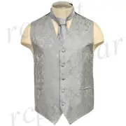New Brand Q polyester men's Paisley Vest Tuxedo Waistcoat_Necktie Silver formal