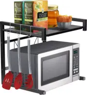 Sorbus Indoor Microwave Oven Rack Shelf Stand with Hooks, Black