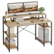 Bestier Computer Desk Monitor Stand 55" Light Oak Adjustable Shelves X-Frame