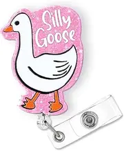 Pink Silly Goose Badge Reel Retractable for Nurse Nursing RN CNA LPN & Medical Worker | Funny Nurse Accessories, Silly Goose ID Name Badge Holder with Alligator Clip & 24” Durable Nylon Cord | Acrylic