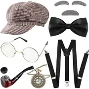 New Upgrade 1920s Roaring Retro Men Costume Accessories Set Gangster Hat Bow Tie Pocket Watch Suspender Glass Beard Tie Brown