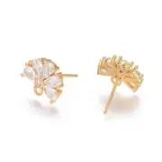 10Pairs Golden Brass Clear Cubic Zirconia Flower Stud Earring Findings with Loop