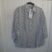 Zara Blouse Blue and Cream Long Linen Printed Shirt Small NWT