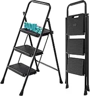 SMUG Step Ladder, 3 Step Stool Foldable with Anti-Slip Pedal & Comfortable Handrail, 800lbs Capacity Sturdy Steel Ladder, Protable Heavy Duty Step Stool for Kitchen, Garage & Outdoor Use, Black