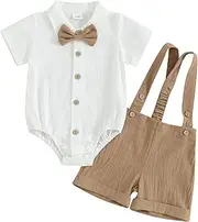 [Honganda] Baby Boys Gentleman Outfits Bow Tie Short Sleeve Button Up Romper + Overall Shorts Infant Wedding Cake Smash Clothes