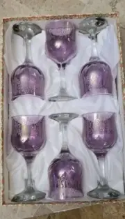 6 Wine Glasses Italian Art Glass Cristalleria Fumo Box Set of Amethyst NEW BOXED