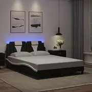 Modern Bed Frame with LED Lights, Black and White Faux Leather, Luxury Double Bed Frame 137x187 cm, Stain-Resistant, Plywood Slats Included