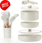15PCS Nonstick Pots & Pans Set, Frying Pans, Saucepan, Detachable Handles