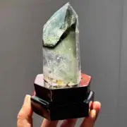 Top! 0.37kg Natural Ghost Quartz Obelisk Reiki Crystal Wand Point Tower + Stand